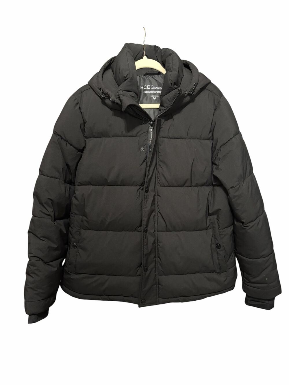BCBGeneration Black Puffer Jacket Womens Large Hooded Quilted Winter Coat Ski